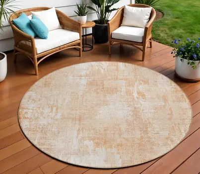 8' Coral Peach And Ivory Round Abstract Washable Indoor Outdoor Area Rug