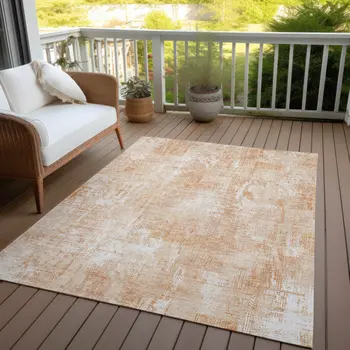 10' X 14' Coral Peach And Ivory Abstract Washable Indoor Outdoor Area Rug