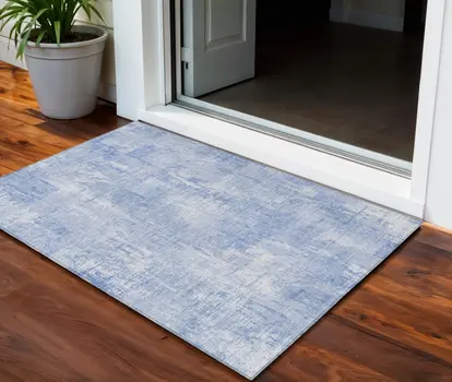 3' X 5' Sky Blue Denim Blue And Ivory Abstract Washable Indoor Outdoor Area Rug