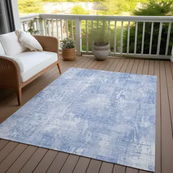 3' X 5' Sky Blue Denim Blue And Ivory Abstract Washable Indoor Outdoor Area Rug