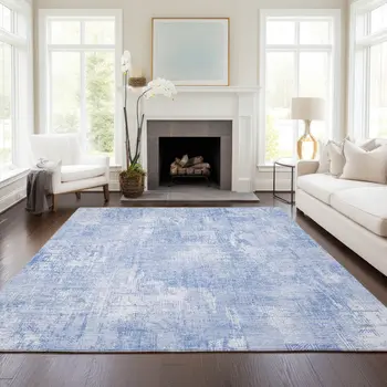 8' X 10' Sky Blue Denim Blue And Ivory Abstract Washable Indoor Outdoor Area Rug