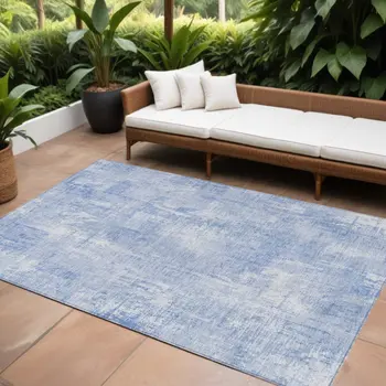 10' X 14' Sky Blue Denim Blue And Ivory Abstract Washable Indoor Outdoor Area Rug