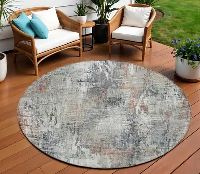 8' Taupe Gray And Copper Round Abstract Washable Indoor Outdoor Area Rug