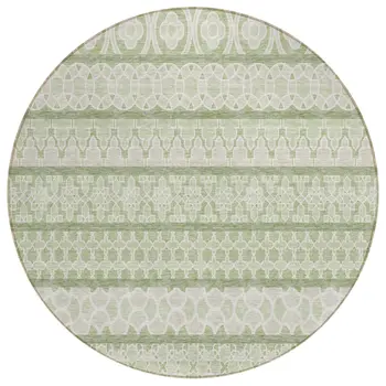 8' Artichoke Green And Ivory Round Quatrefoil Washable Indoor Outdoor Area Rug