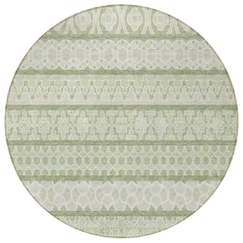 8' Artichoke Green And Ivory Round Quatrefoil Washable Indoor Outdoor Area Rug