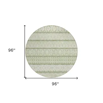 8' Artichoke Green And Ivory Round Quatrefoil Washable Indoor Outdoor Area Rug