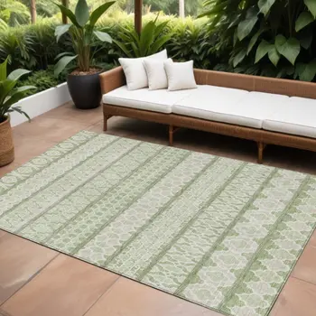 9' X 12' Artichoke Green And Ivory Quatrefoil Washable Indoor Outdoor Area Rug
