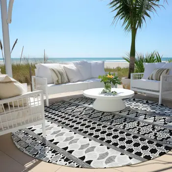 8' Black Gray And Ivory Round Quatrefoil Washable Indoor Outdoor Area Rug
