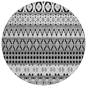 8' Black Gray And Ivory Round Quatrefoil Washable Indoor Outdoor Area Rug
