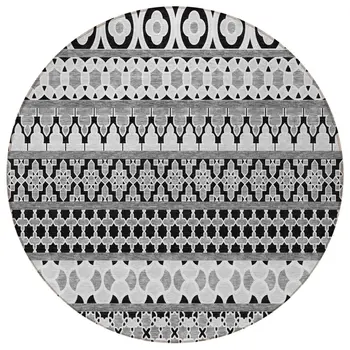 8' Black Gray And Ivory Round Quatrefoil Washable Indoor Outdoor Area Rug