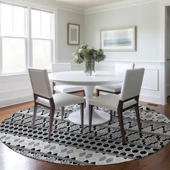 8' Black Gray And Ivory Round Quatrefoil Washable Indoor Outdoor Area Rug