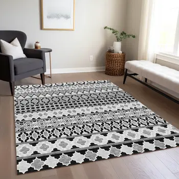 8' X 10' Black Gray And Ivory Quatrefoil Washable Indoor Outdoor Area Rug