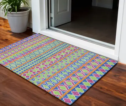 3' X 5' Blush Blue And Lime Green Quatrefoil Washable Indoor Outdoor Area Rug