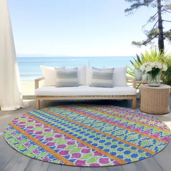 8' Blush Blue And Lime Green Round Quatrefoil Washable Indoor Outdoor Area Rug