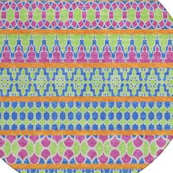 8' Blush Blue And Lime Green Round Quatrefoil Washable Indoor Outdoor Area Rug