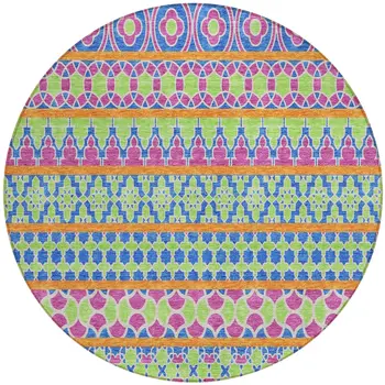 8' Blush Blue And Lime Green Round Quatrefoil Washable Indoor Outdoor Area Rug