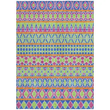 9' X 12' Blush Blue And Lime Green Quatrefoil Washable Indoor Outdoor Area Rug