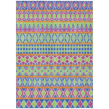 9' X 12' Blush Blue And Lime Green Quatrefoil Washable Indoor Outdoor Area Rug