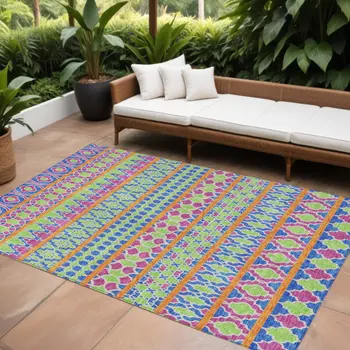 10' X 14' Blush Blue And Lime Green Quatrefoil Washable Indoor Outdoor Area Rug