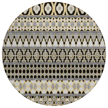8' Charcoal Gray And Gold Round Quatrefoil Washable Indoor Outdoor Area Rug