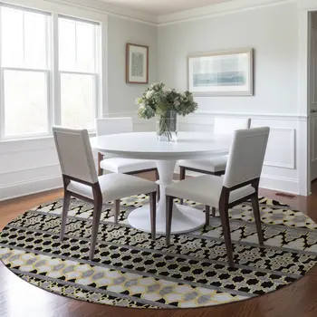 8' Charcoal Gray And Gold Round Quatrefoil Washable Indoor Outdoor Area Rug
