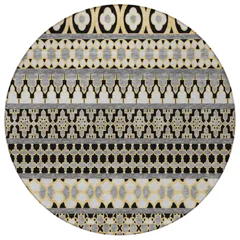 8' Charcoal Gray And Gold Round Quatrefoil Washable Indoor Outdoor Area Rug