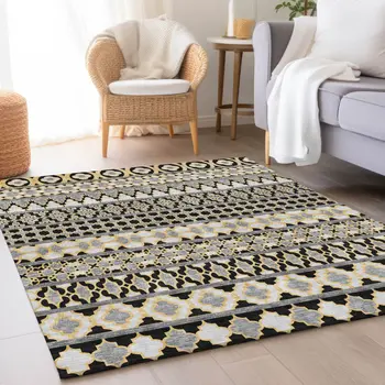 9' X 12' Charcoal Gray And Gold Quatrefoil Washable Indoor Outdoor Area Rug