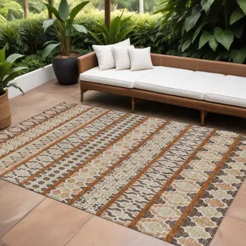 9' X 12' Chocolate And Taupe Quatrefoil Washable Indoor Outdoor Area Rug