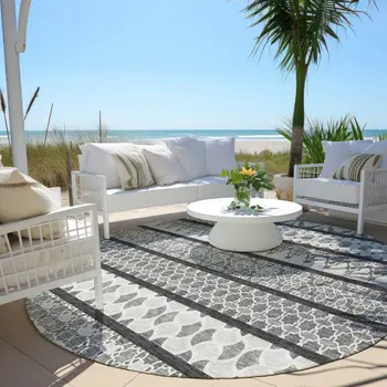 8' Gray Charcoal And Silver Round Quatrefoil Washable Indoor Outdoor Area Rug