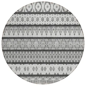 8' Gray Charcoal And Silver Round Quatrefoil Washable Indoor Outdoor Area Rug