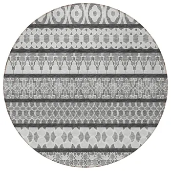 8' Gray Charcoal And Silver Round Quatrefoil Washable Indoor Outdoor Area Rug