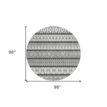8' Gray Charcoal And Silver Round Quatrefoil Washable Indoor Outdoor Area Rug