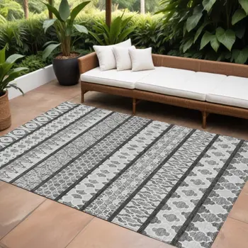 10' X 14' Gray Charcoal And Silver Quatrefoil Washable Indoor Outdoor Area Rug