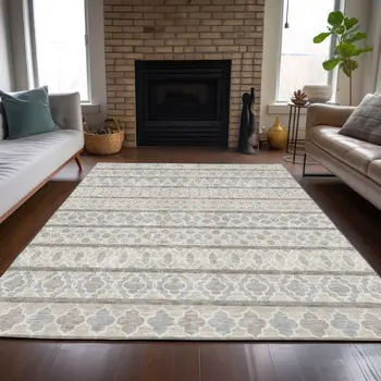 10' X 14' Ivory Beige And Taupe Quatrefoil Washable Indoor Outdoor Area Rug
