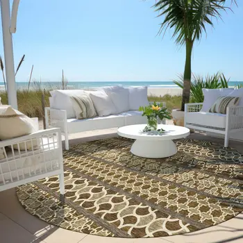 8' Brown And Taupe Round Quatrefoil Washable Indoor Outdoor Area Rug