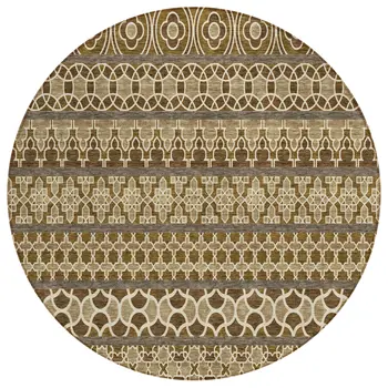 8' Brown And Taupe Round Quatrefoil Washable Indoor Outdoor Area Rug