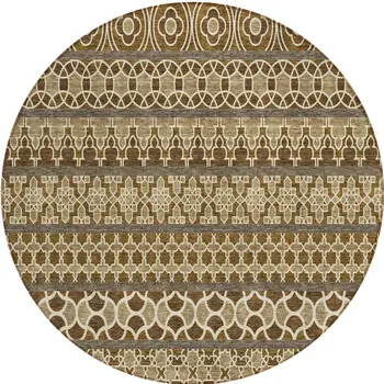 8' Brown And Taupe Round Quatrefoil Washable Indoor Outdoor Area Rug