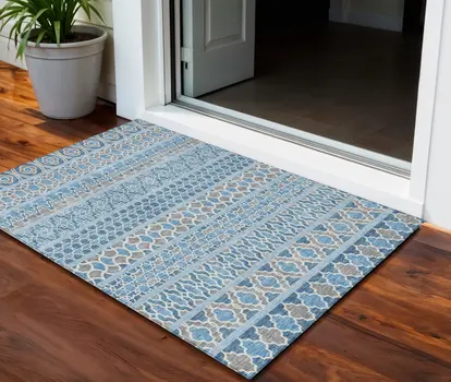 3' X 5' Sky Blue And Denim Blue Quatrefoil Washable Indoor Outdoor Area Rug