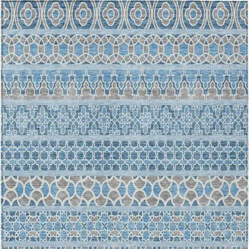 5' X 8' Sky Blue And Denim Blue Quatrefoil Washable Indoor Outdoor Area Rug