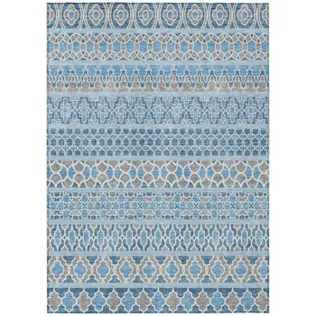 5' X 8' Sky Blue And Denim Blue Quatrefoil Washable Indoor Outdoor Area Rug