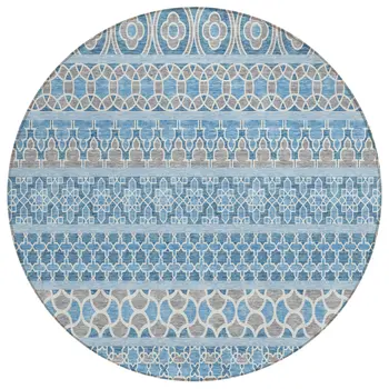 8' Sky Blue And Denim Blue Round Quatrefoil Washable Indoor Outdoor Area Rug