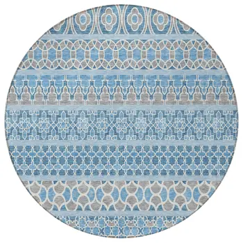 8' Sky Blue And Denim Blue Round Quatrefoil Washable Indoor Outdoor Area Rug