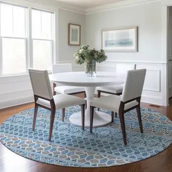 8' Sky Blue And Denim Blue Round Quatrefoil Washable Indoor Outdoor Area Rug