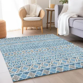 8' X 10' Sky Blue And Denim Blue Quatrefoil Washable Indoor Outdoor Area Rug