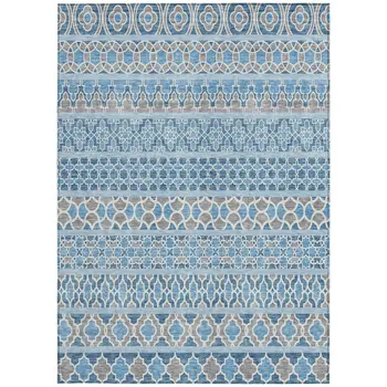 9' X 12' Sky Blue And Denim Blue Quatrefoil Washable Indoor Outdoor Area Rug