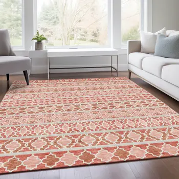 5' X 8' Salmon Beige And Copper Quatrefoil Washable Indoor Outdoor Area Rug