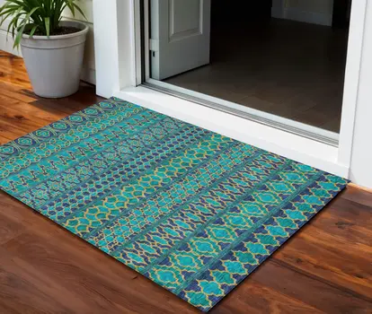 3' X 5' Teal Blue And Navy Blue Quatrefoil Washable Indoor Outdoor Area Rug