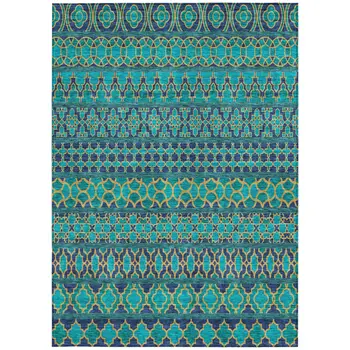 3' X 5' Teal Blue And Navy Blue Quatrefoil Washable Indoor Outdoor Area Rug