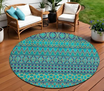 8' Teal Blue And Navy Blue Round Quatrefoil Washable Indoor Outdoor Area Rug