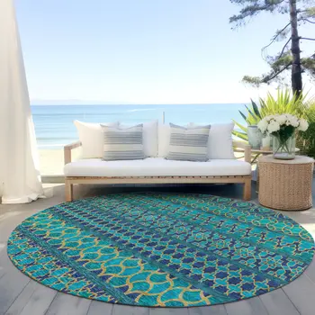 8' Teal Blue And Navy Blue Round Quatrefoil Washable Indoor Outdoor Area Rug